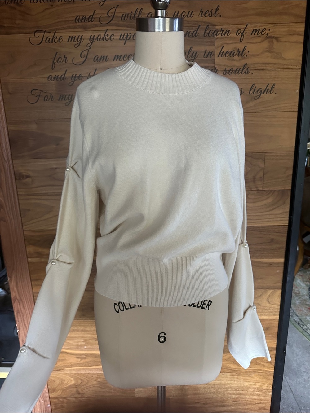 French Connection Cream Pearl-Accent Crewneck Sweater